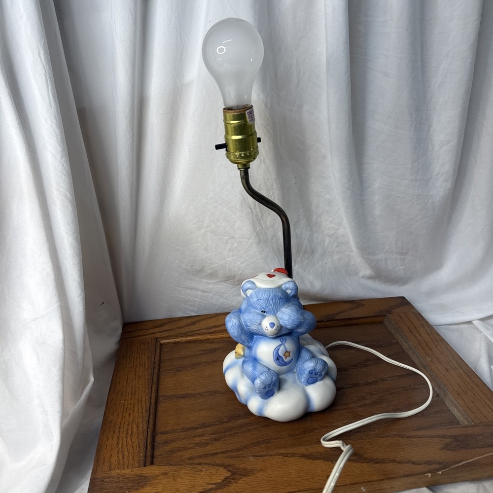Care Bears Sleepy Bedtime Bear Blue Table  Lamp Vintage Porcelain Working 1980's